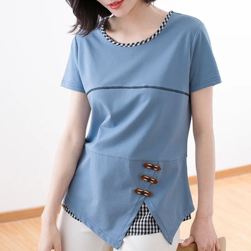 

Женская рубашка с коротким рукавом, летняя хлопковая блузка в клетку на пуговицах, в стиле пэчворк, большие размеры, 2020