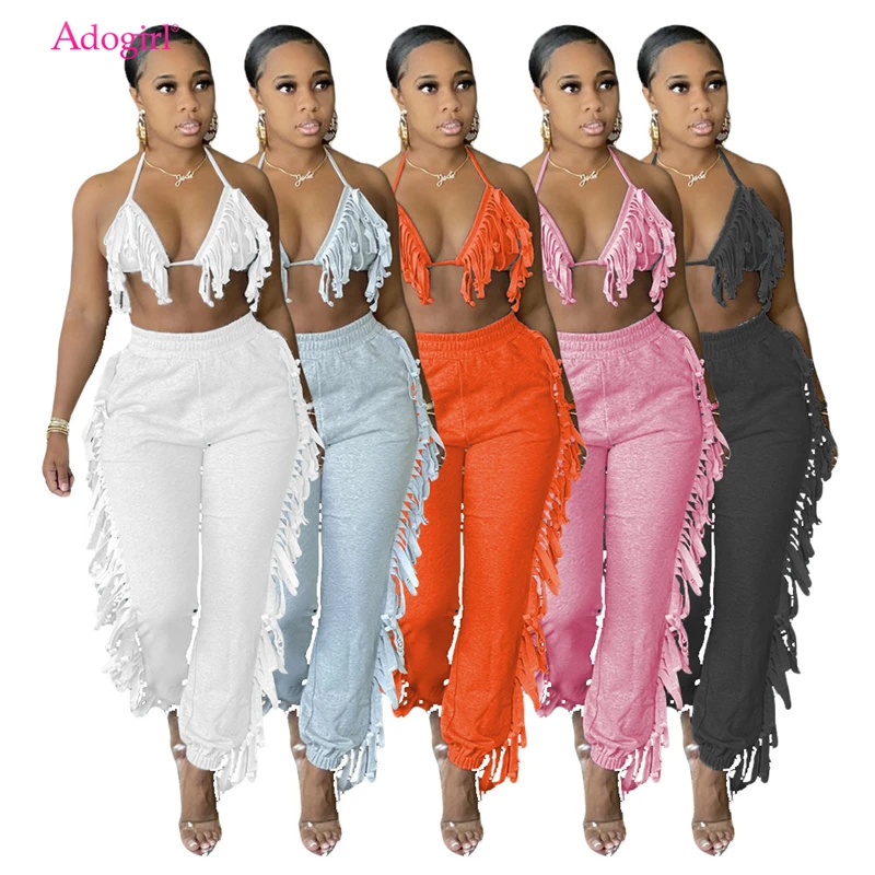 

Adogirl Women Solid Tassel Two Piece Set Lace Up Bra Top Sweat Pants Fashion Casual Active Suit Female Summer Tracksuit