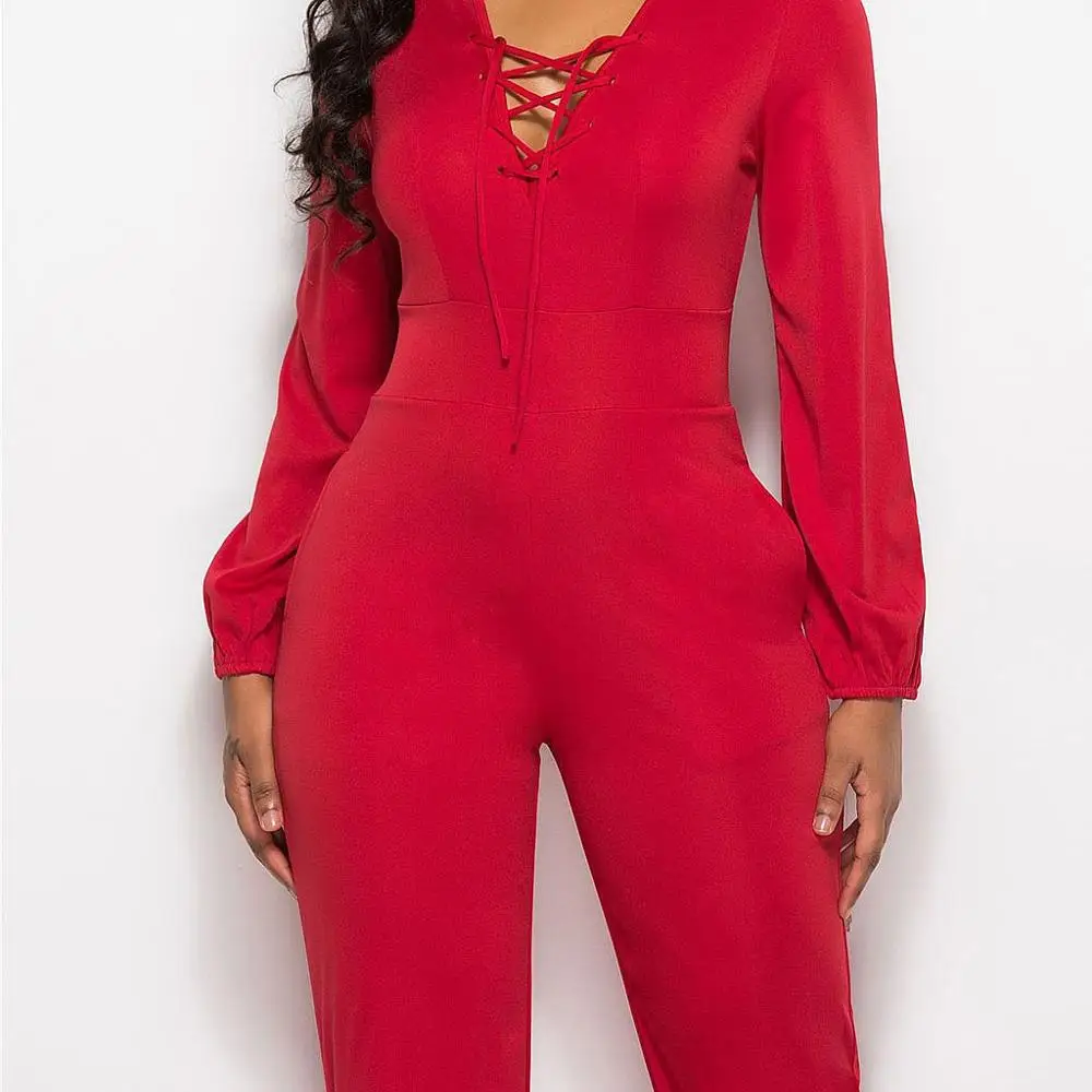 

Stretch Women Wide-leg Jumpsuit Fashion High Waist V-neck Long Sleeve Slim Bandage Jumpsuits Overalls Fall Winter mono de mujer