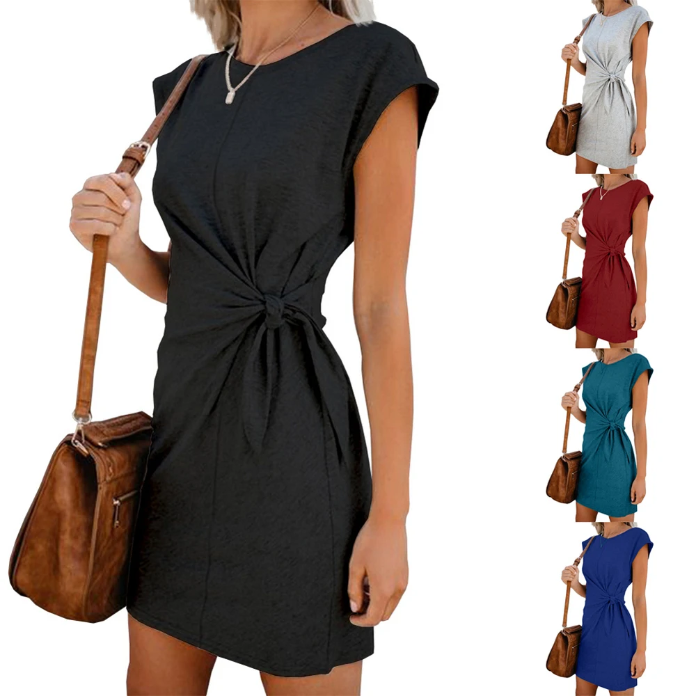 Женское повседневное свободное платье на шнуровке однотонное с круглым вырезом