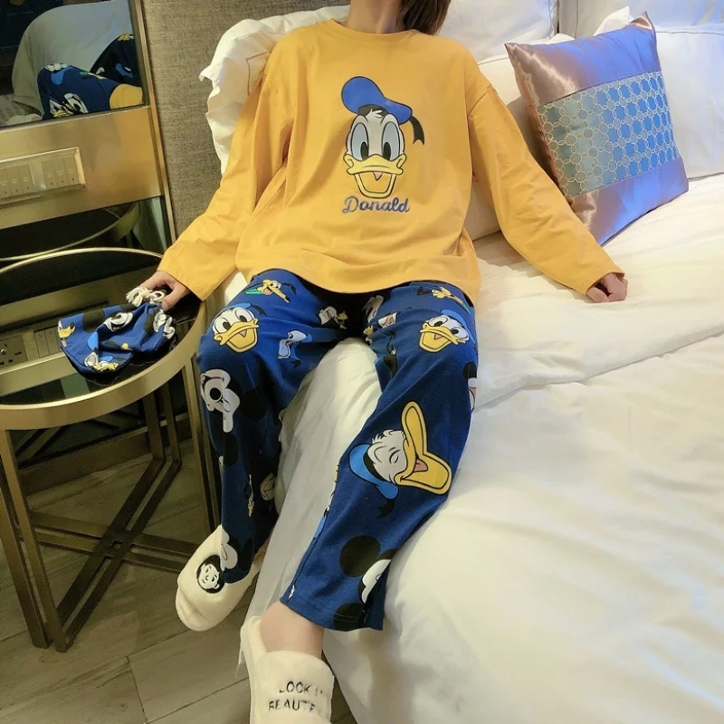

Disney Donald Duck Long Sleeve Pajamas Autumn Winter Long Sleeve Trousers Suit Cute Kawaii Pyjamas Set Ladies Pyjama Sets Fall
