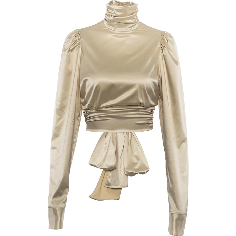 

XUXI Women Sexy T-shirt Open Back High Neck Puff Sleeve TShirt Women Bow Tie Bright Color Satin Summer 2021 E647