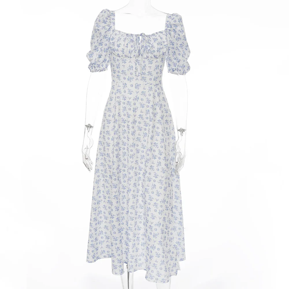 

Floral Print Puff Short Sleeve Women Dress High Split Party Long Dresses Elegant Lace Up Sweet Summer Club Sexy Party Dress