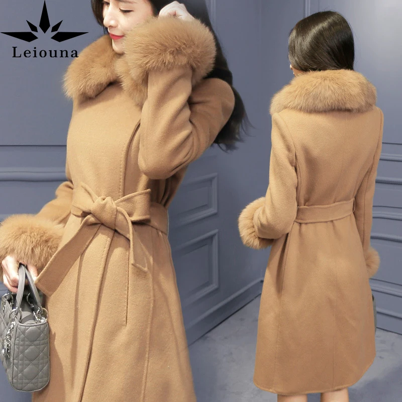 

Plus Size A-Line 2021 Fashion Women Winter Korean Style Pink Long Wool Blend Fur Collar Trench Coat Ladies Windbreaker Clothes