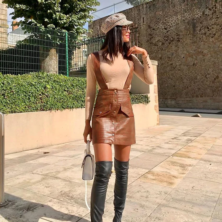 

High Waist Short Skirt Women Autumn and Winter British Style PU Leather Strap Skirt Retro Brown Leather Skirt A Line Skirt