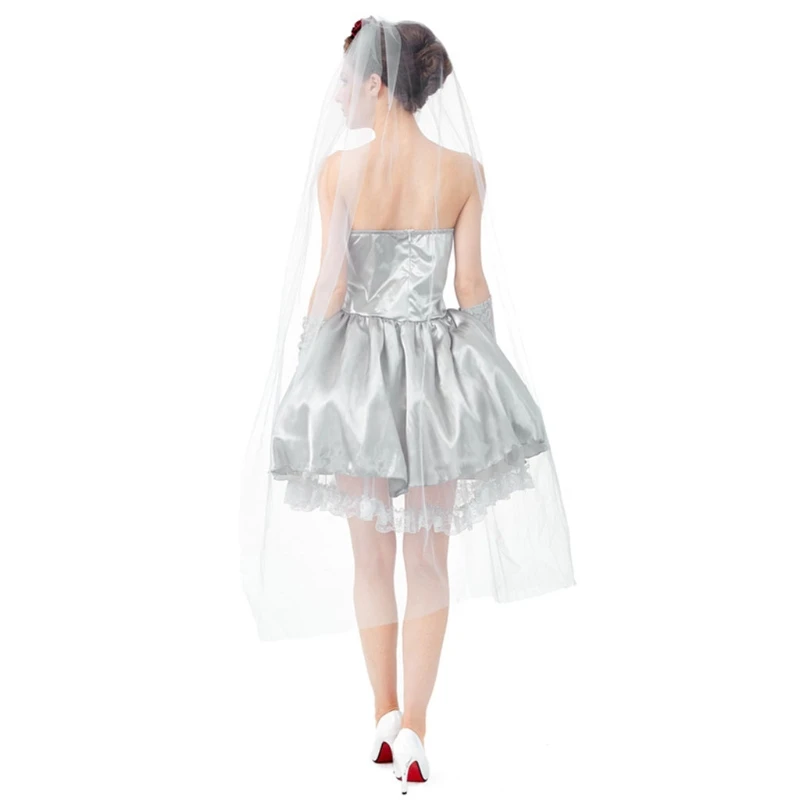 

Women Halloween Ghost Bride Cosplay Costume Strapless Puffy Dress with Floral Wedding Veil Gloves Necklace Party Outfits