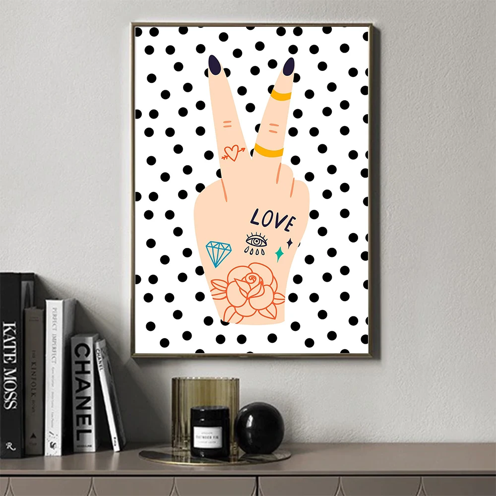 

Polka Dot Gesture Poster Retro Style Canvas Painting Girl Power Art Print Rock modern Wall Picture For Living Room Home Decor