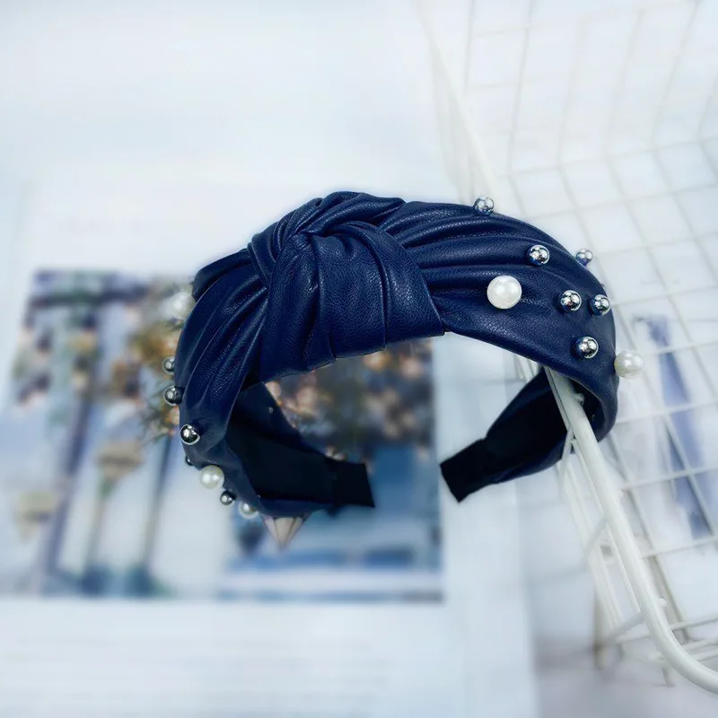 

Artificial Pu Leather Nail Pearl Hair Band Wide Side Press Headdress Retro Women Headband