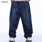 Для мужчин широкие брюки синие джинсы в стиле хип-хоп Уличная одежда размера плюс Для мужчин s отбеленный, свободные джинсы с дырками на коленях скейтбордиста джинсовые штаны