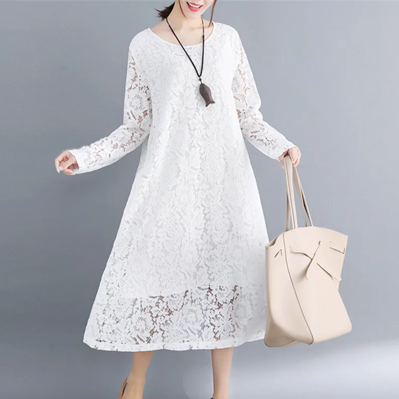 

#3209 Spring Summer Red Black White Lace Dress Women Long Sleeve High Quality Fashion O-neck Hollow Out Midi Dress Elegant
