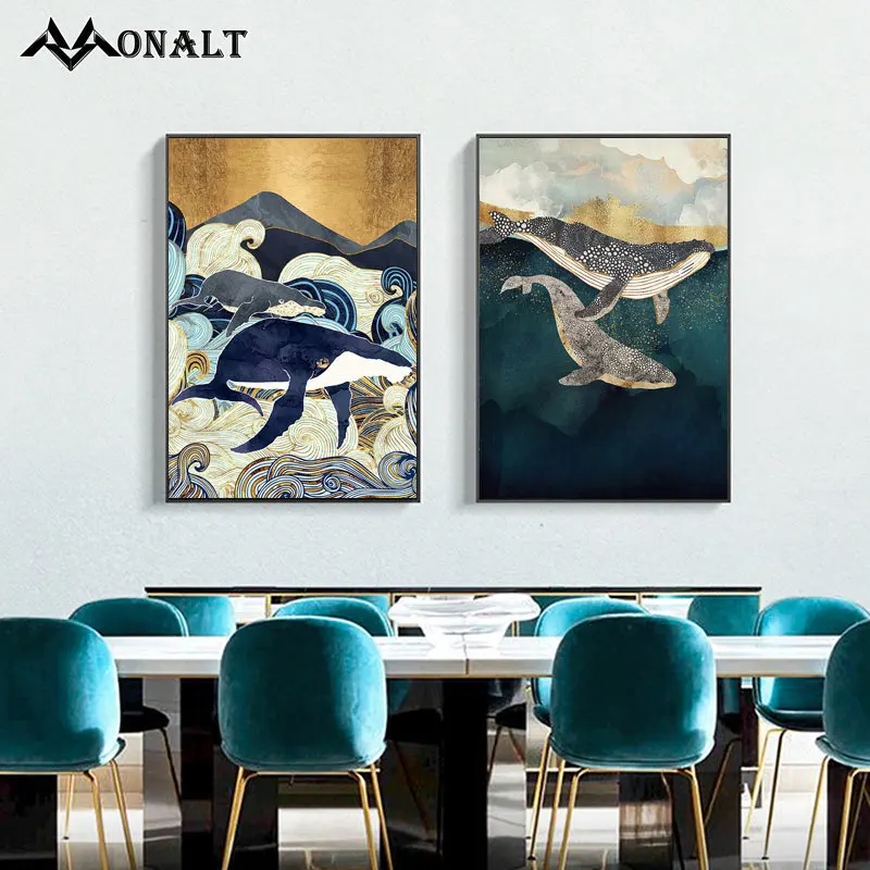 Картина на холсте с изображением синего и золотого Кита Постер животных пейзаж
