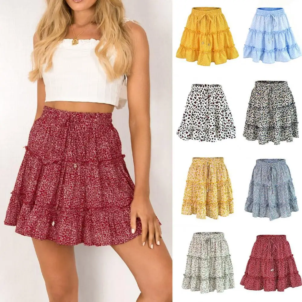 Summer Floral Print Boho Sexy Mini Skirt Women Bandage Fashion High Waist Frills Short Skirt For Women Plus Size Pleated Skirts