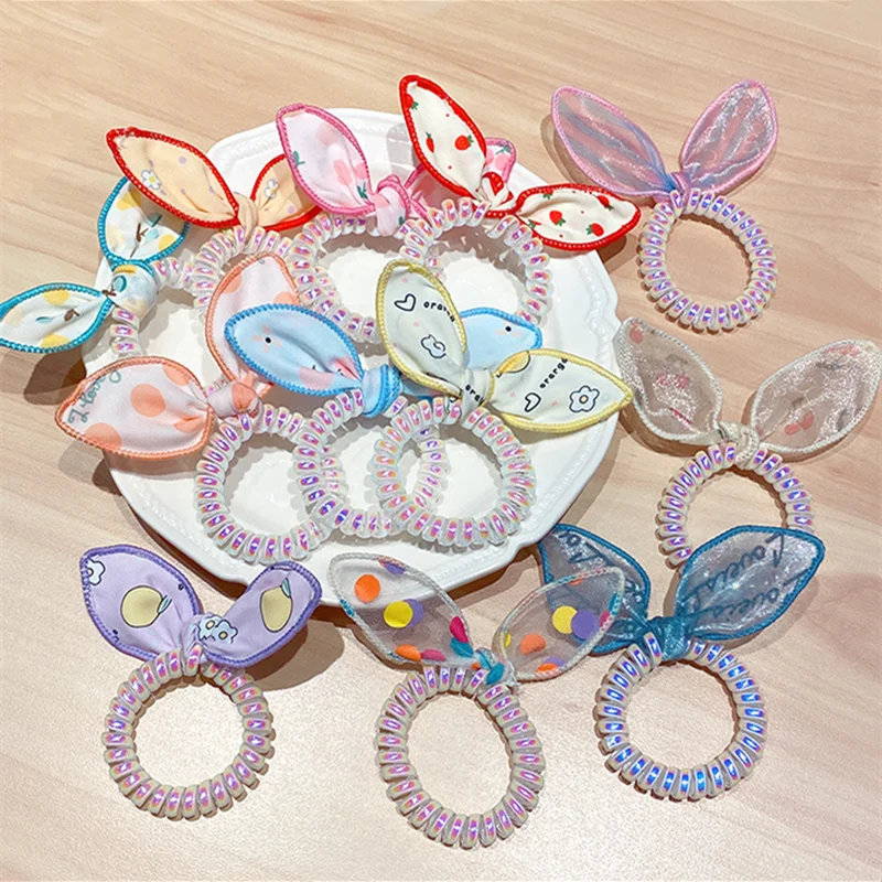 

3PC Girls Cute Bow Telephone Wire Ties Band Ring Mesh Fabric Headwear Ponytail Holder Elastic Hair Rope Students Accessories Set