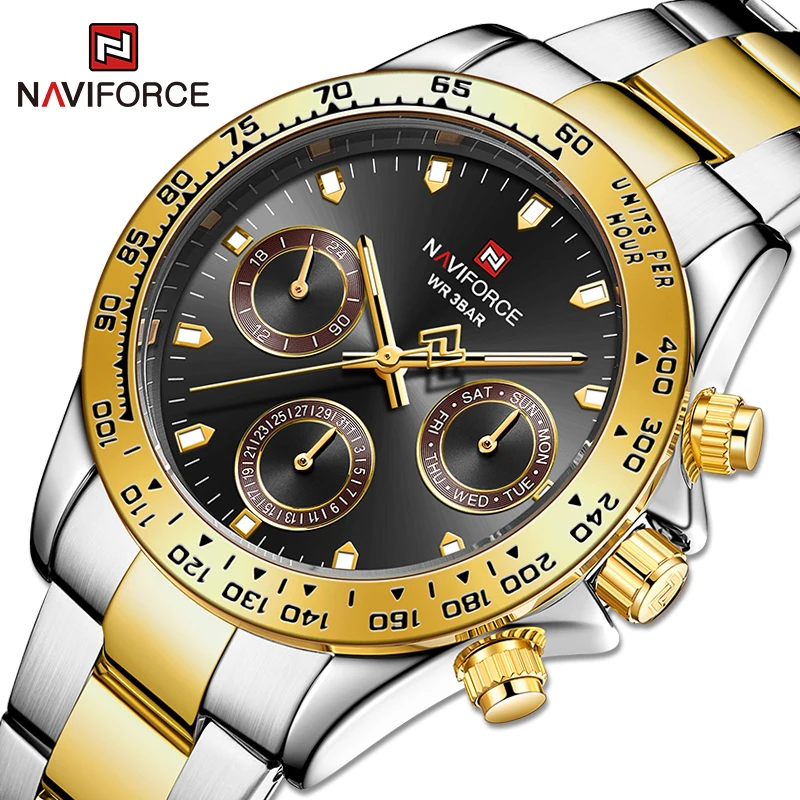 

Новинка 2021, Роскошные мужские часы NAVIFORCE, деловые Спортивные кварцевые Многофункциональные, поставляются с водонепроницаемыми часами из нержавеющей стали 24 часа