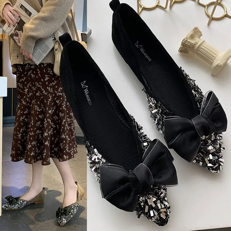 Женские туфли с заостренным носом повседневные на плоской подошве блестками