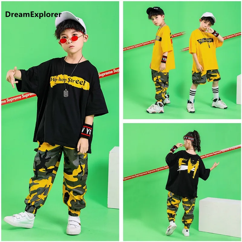 

Girls Hip Hop Top Boy T-Shirt Camouflage Cargo Pants Clothes Sets Child Joggers Shorts Street Dance Kids Streetwear Teen Costume
