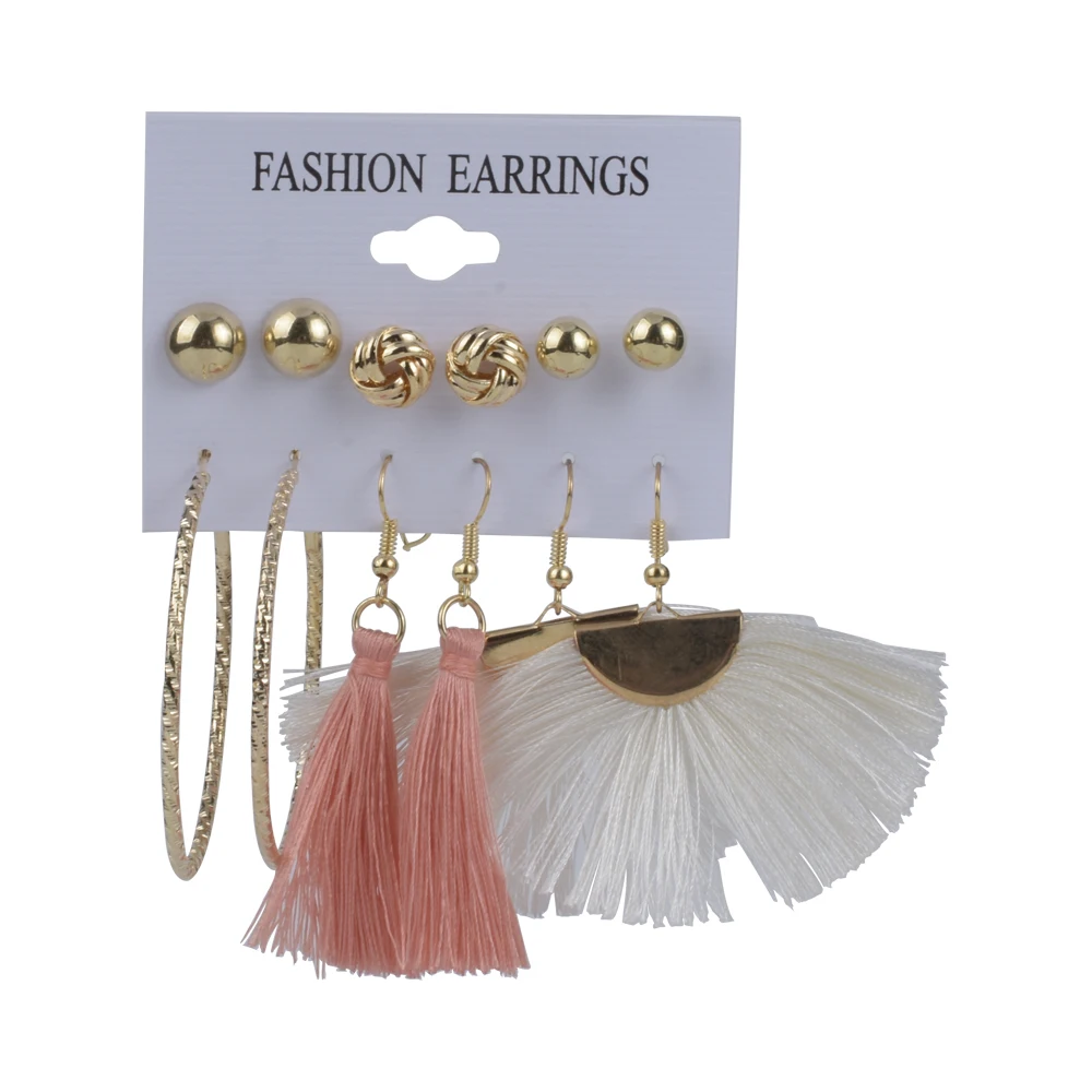 

6 Pairs Women Cute Retro Acrylic Pearl Tassel Earrings Set Fashion Multi Earrings Set For Women