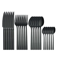 24pcs black stainless steel cutlery set kitchen knives forks spoons set luxury dinnerware set wedding mirror spoons tableware