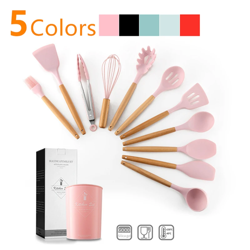 

11 PCS Silicone Cooking Utensils Set Non-stick Spatula Shovel Wooden Handle Cooking Tools Set With Storage Box Kitchen Tools