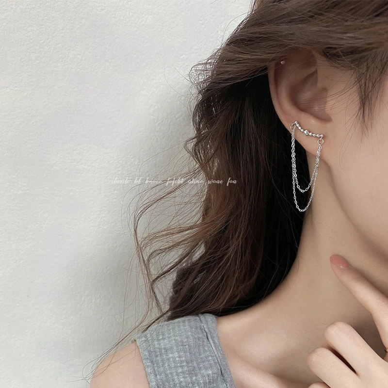 New 925 Sterling Silver Earring Fashion Smile Double Layer Chain Stud Wild Simple Temperament Trend Female Girl Ear Jewe | Украшения и