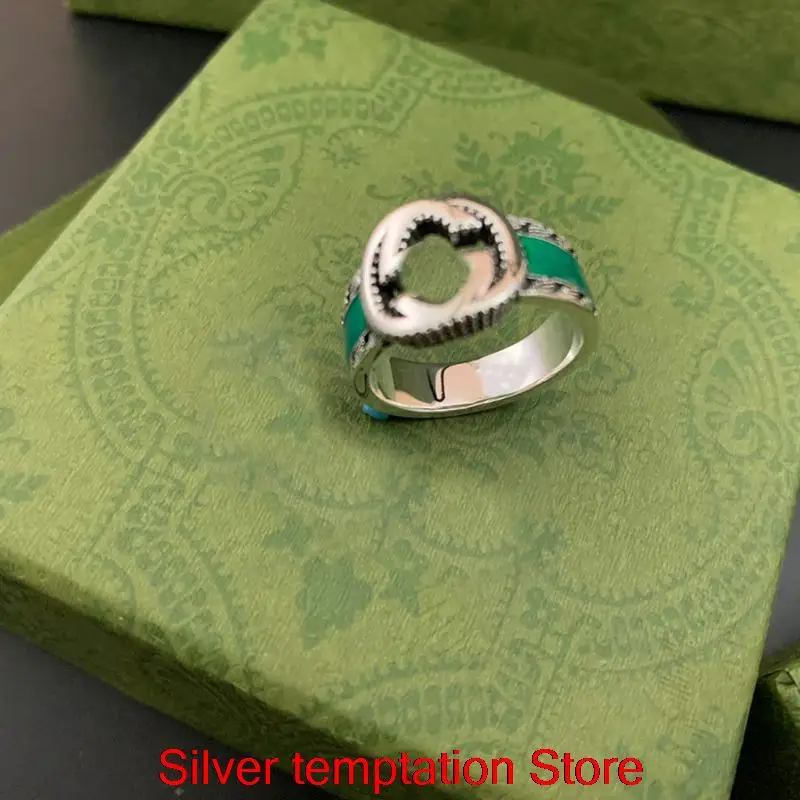 

Ag925 Sterling Silver Enamel Green G charm Ring Couples Retro Luxury Brand Men And Women Original Jewelry Attend Party tide Gif