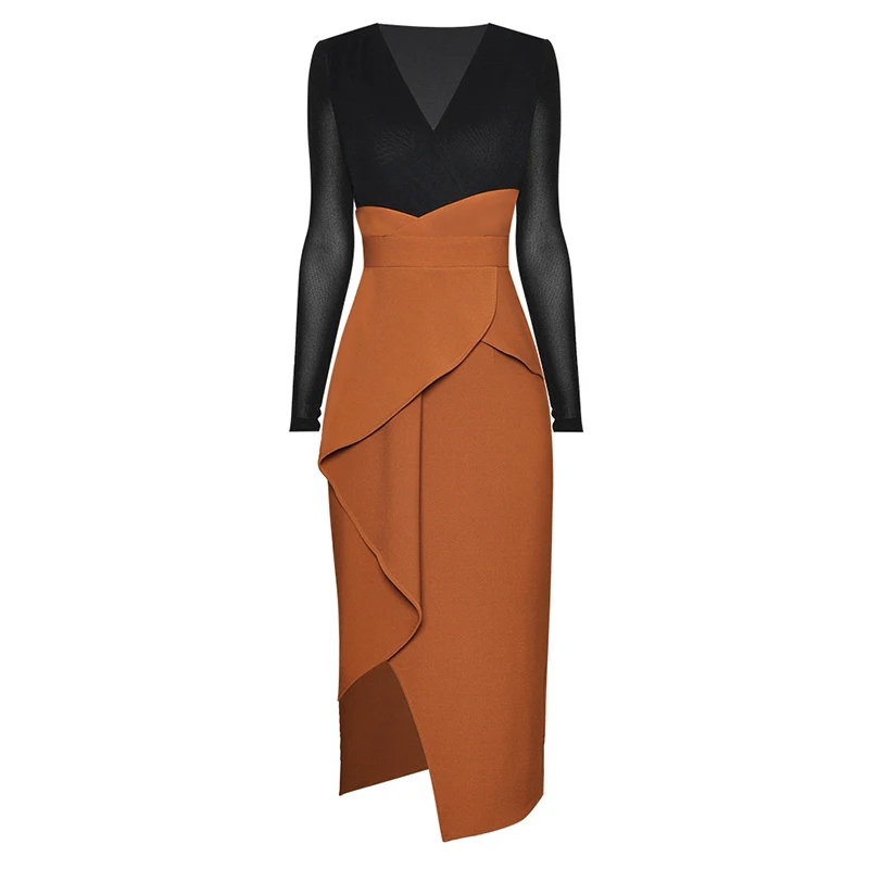

QUALITY 2021 HIGH Newest Runway Designer Women's Long Sleeve Color Block Asymmetrical Dress