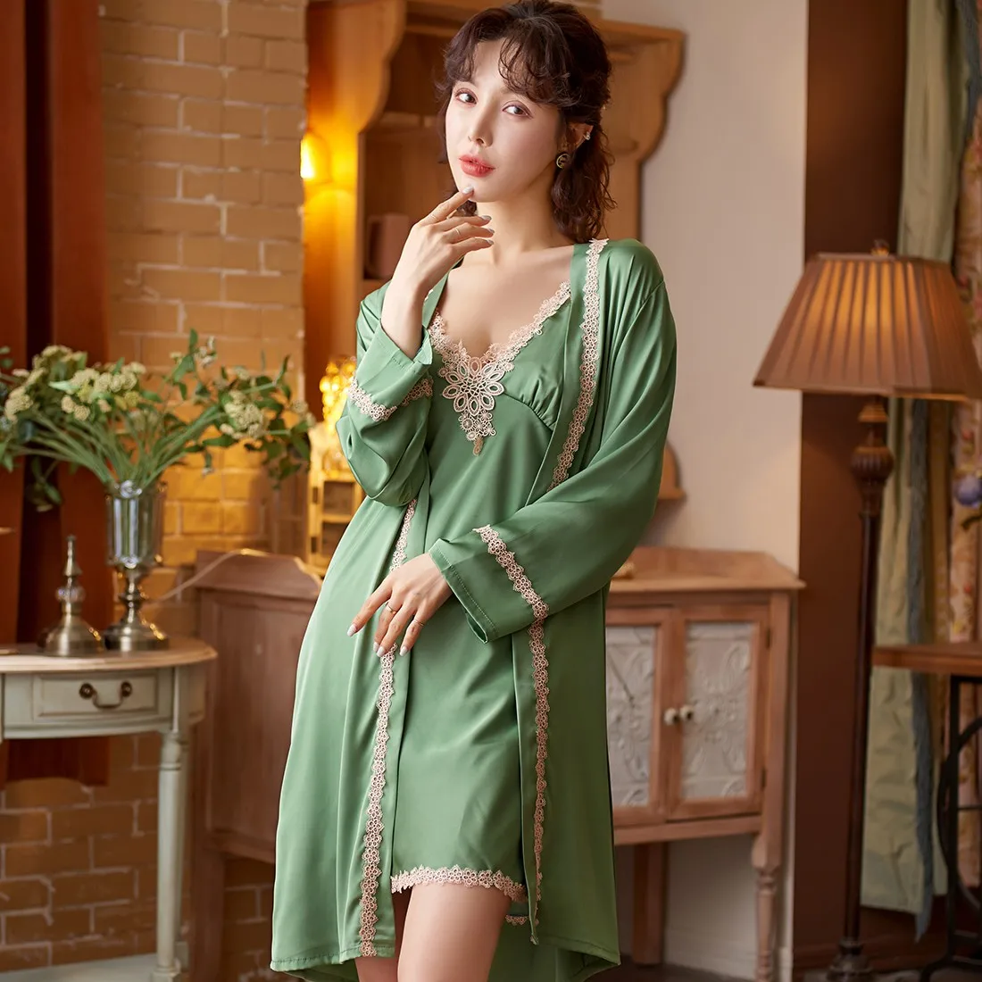 

Sexy Bride Kimono Gown Wedding Robe Set Bridesmaid V-Neck Nightgown&Bathrobe Suit Lace Lady Intimate Lingerie Casual Sleepwear