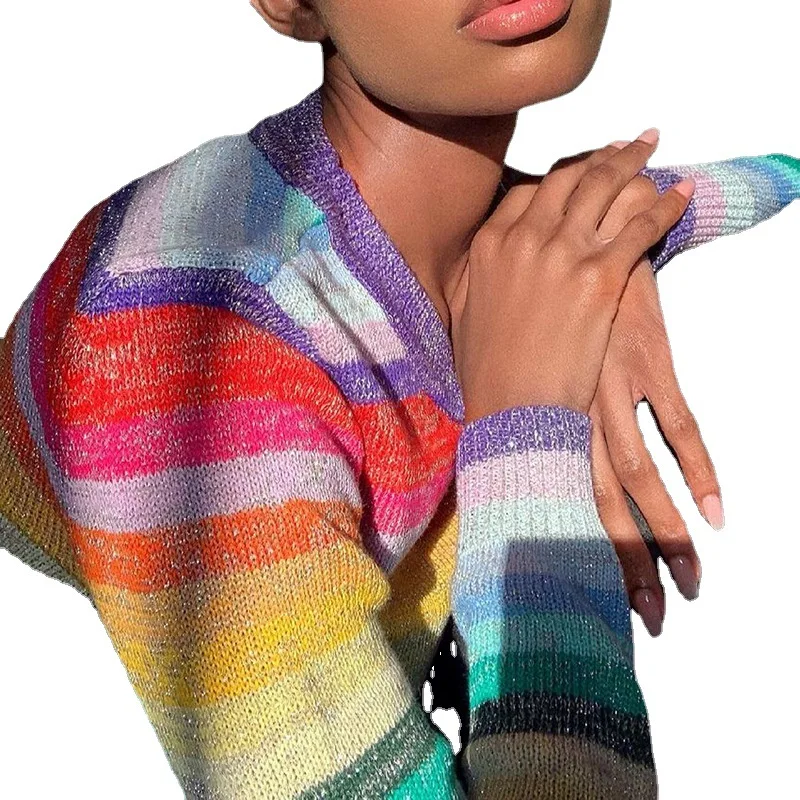 

Women's new style long sleeves round neck top rainbow gradient knit sweater fashion sexy top belly sweater
