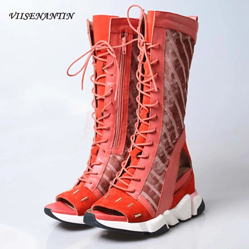 

Color-blocking Open-toed Leather Lace Hollow Cross-strap Wedge Heel Heightening All-match Casual Sports Mid-tube Sandals