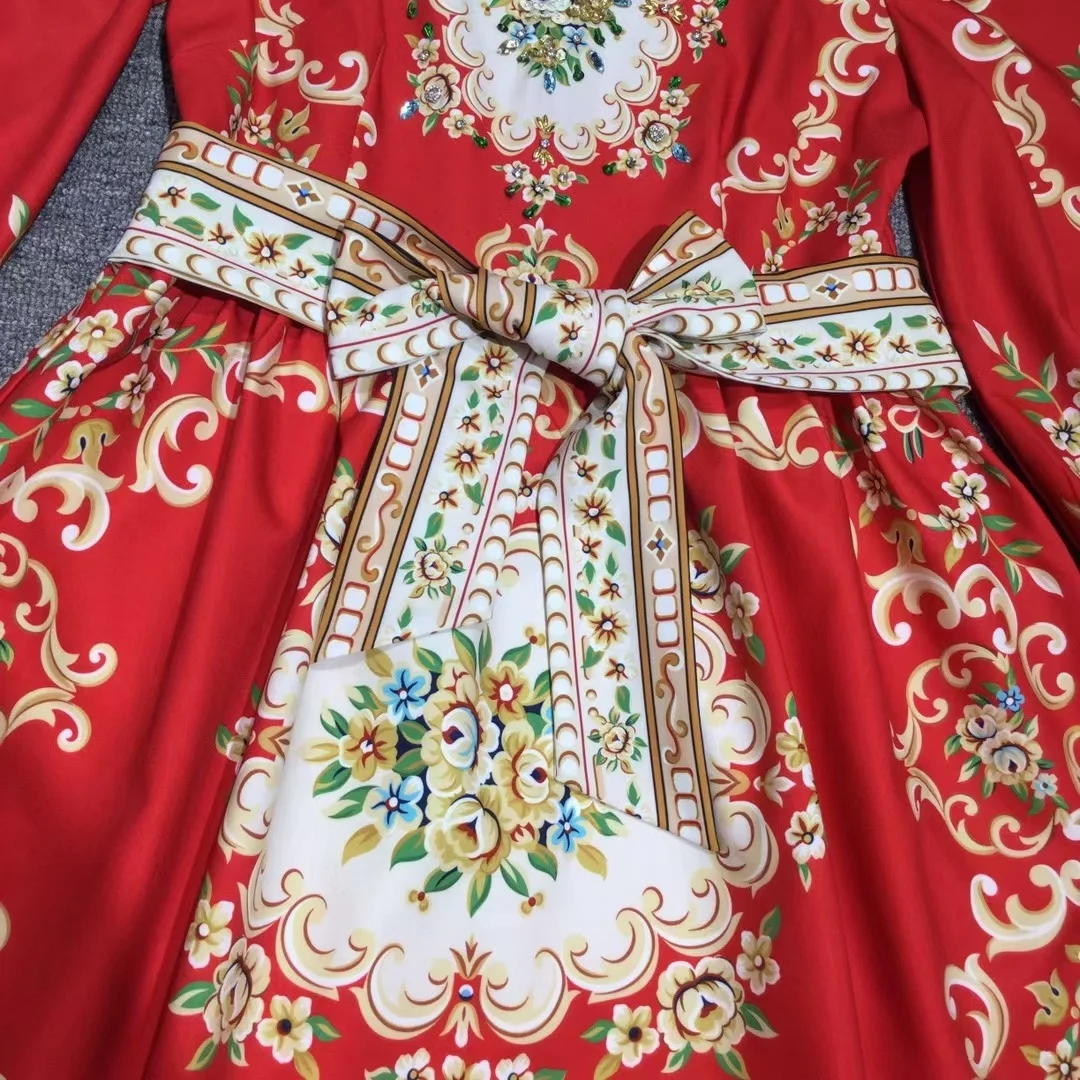 

Long sleeve Runway Totem Print Prom Dress Lady Long Sleeve Vintage Baroque Print Tied Waist Mujer Vestido