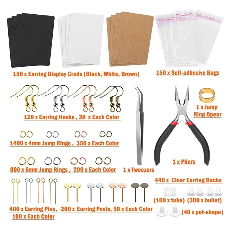 

3663Pcs Earring Making Supplies Kit with Earring Hooks, Earring Holder Cards, Earring Backs and Posts, Jump Rings
