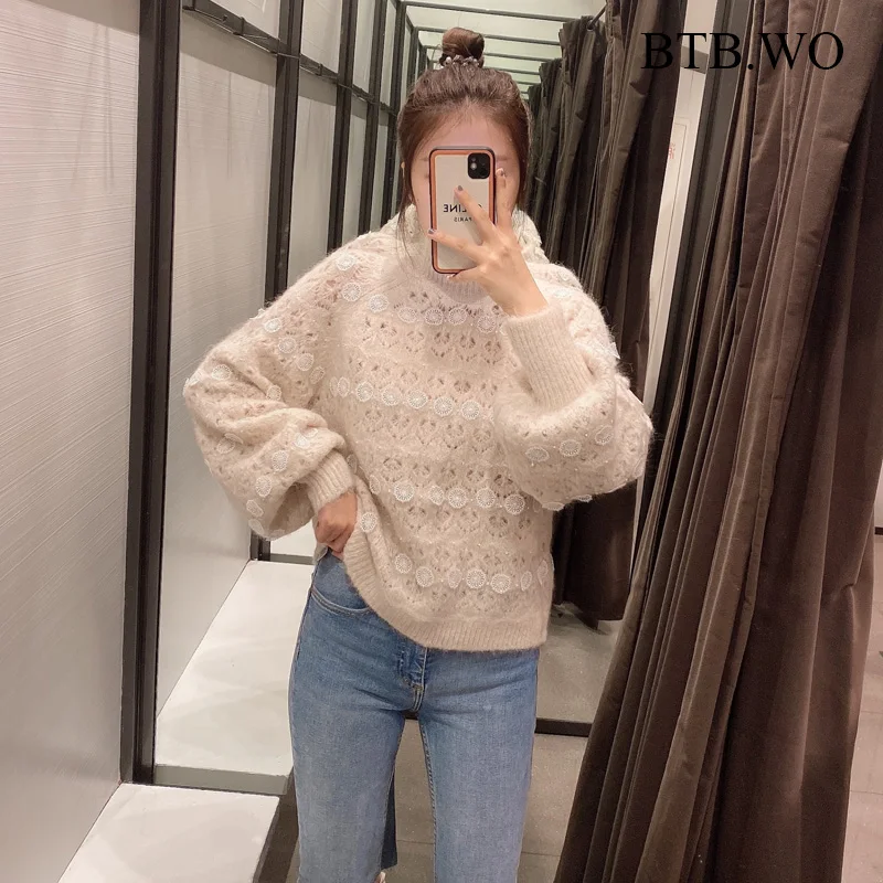 

BTB.WO Za Sweater Women Snowflake Hollow Out Cropped Knitted Sweater Vintage High Neck Long Sleeve Female Pullovers Chic Tops