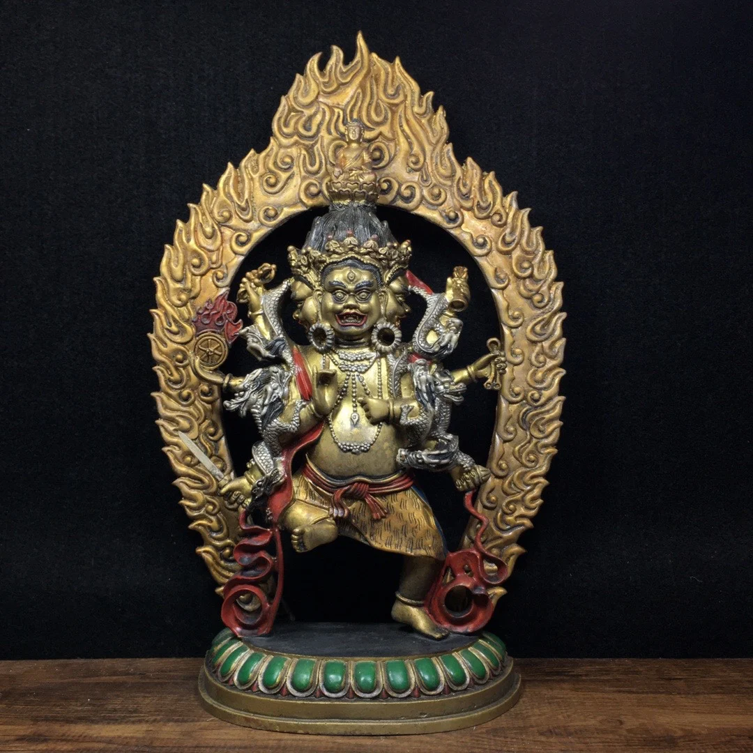 

13" Tibet Buddhism Old Bronze Painted Dirty Track King Kong Buddha Great Mighty King Kong Statue Three-faced Mahakala statue