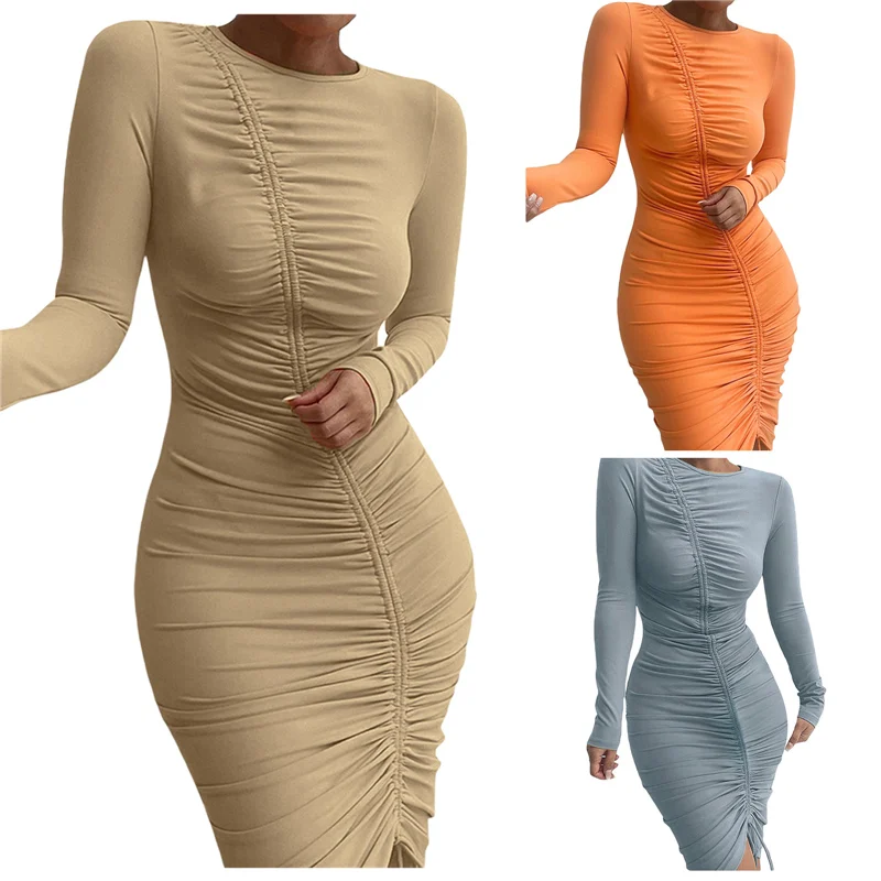

Women Ruched Sheath Dress Adults Solid Color Long Sleeve Round Neck Drawstring Dress Spring Fall Clothing