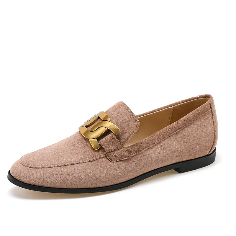 

shoes flat bottom metal square buckle Red Suede simple versatile small shoes thickened sole star same