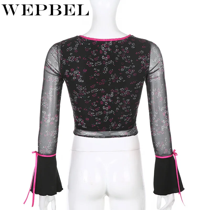 

WEPBEL Women Sexy Mesh See Through Crop Top Ladies Casual Long Ruffle Sleeve V Neck Bandage Lace Floral Print Shirt