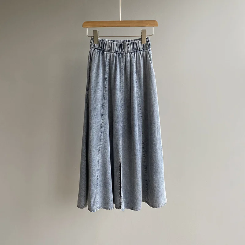 

COZOK 2021 Summer Soft Denim Skirt Women's Mid Length High Waist Split A-line Long Skirt Umbrella Skirt 8183
