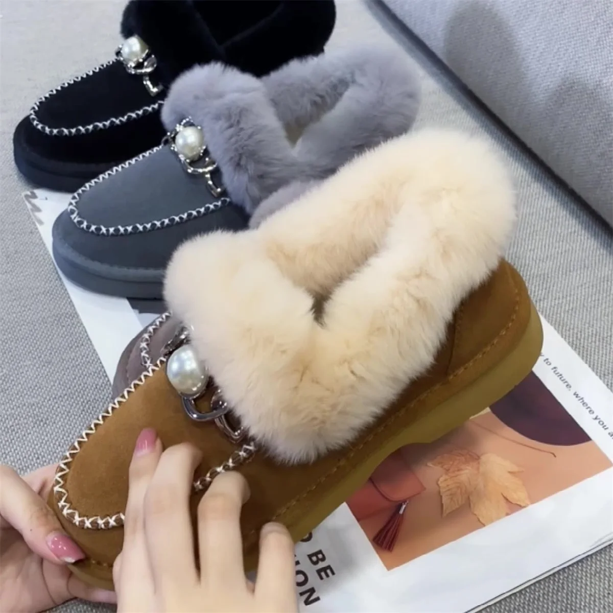 

Winter Rabbit Fur Snow Boots Women's New Style Short One-Step Thickening Plus Velvet Outer Wear Plush Cotton Shoes