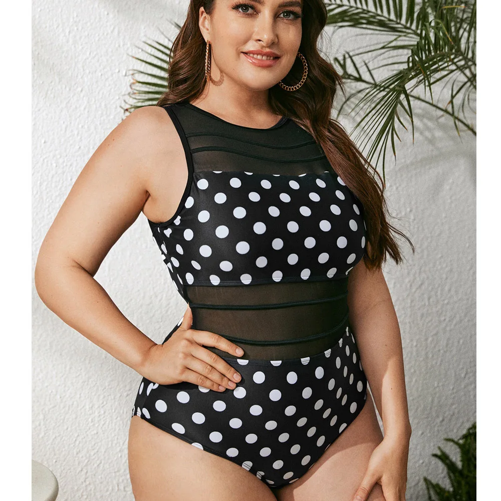 

2022 New Plus Size One-piece Skirt Swimsuit Sexy Black and White Polka Dot Beach Swimwear Push Up Bikini Bathing Suit Women