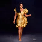 Новое шикарное дизайнерское золотистое платье-Русалка Aso Ebi, короткие платья для выпускного вечера, пикантные вечерние платья с V-образным вырезом и цветочными оборками для коктейльной вечеринки