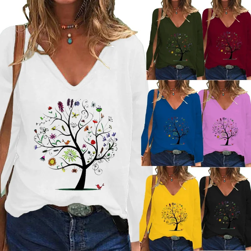 

New Fashion Women's Autumn Casual Long-sleeved Shirt Large Size Ladies Print Shirt Deep V-neck Loose T-shirt XS-5XL