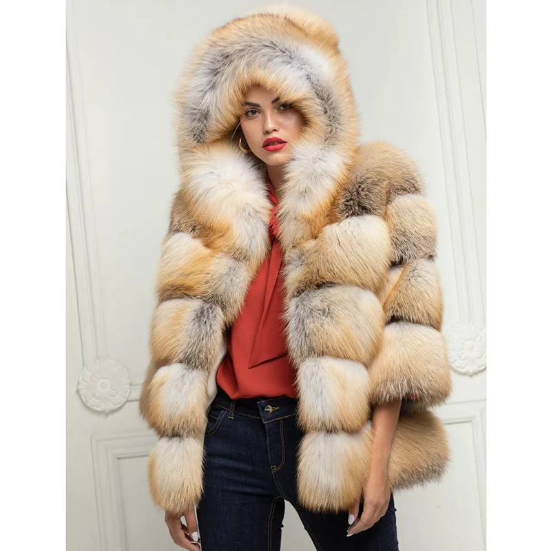 Женская Шуба с капюшоном Fandy Lokar элегантная шуба из натурального красного лисьего