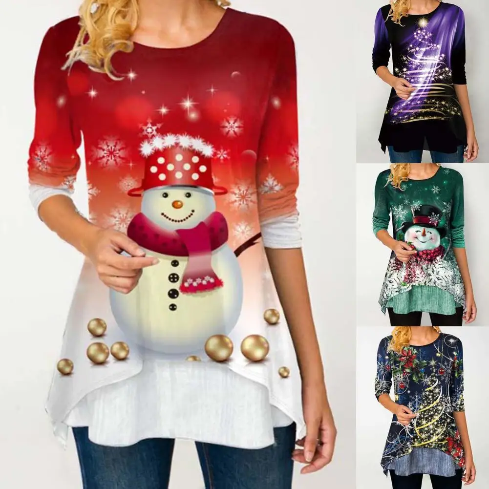 

Women's Christmas T-Shirts Round Neck Wear Resistant Long Sleeve Merry Christmas Shirt Tops Loose Festival Tops for Home топ