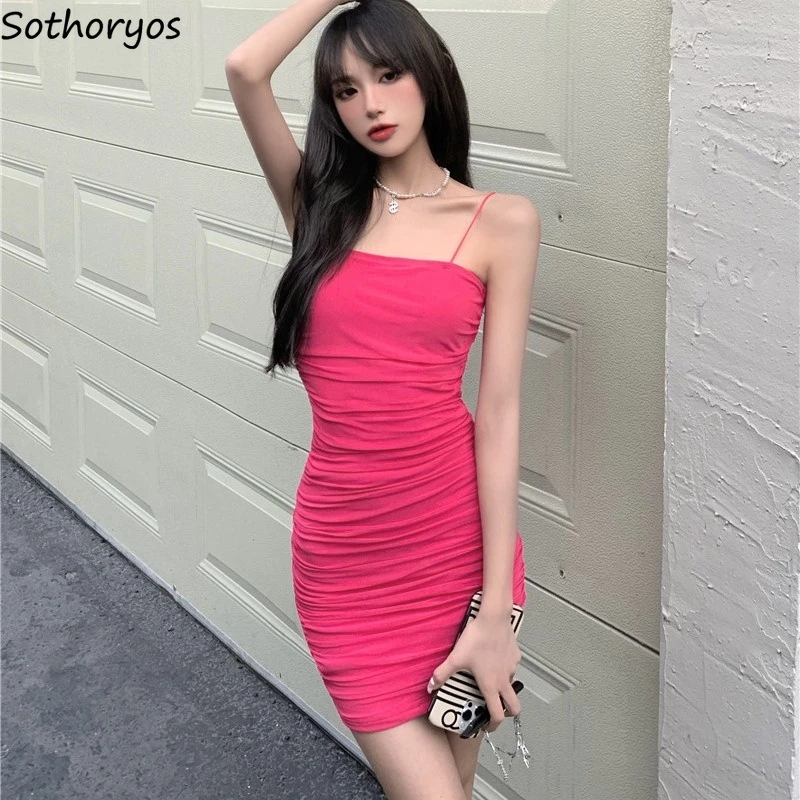 

Sexy Sleeveless Dress Women Camisole Pleated Slash Neck Dresses Female Temperament All-match Vintage European Style Party Chic
