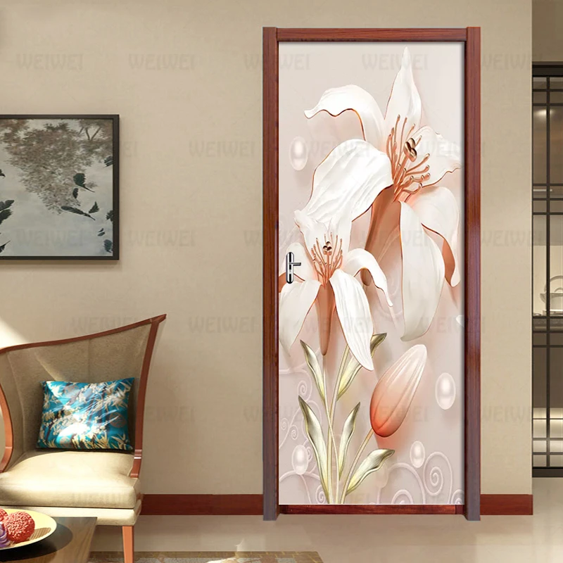 3D Рельефный цветок лилии наклейки на дверь спальни украшения DIY самоклеющиеся