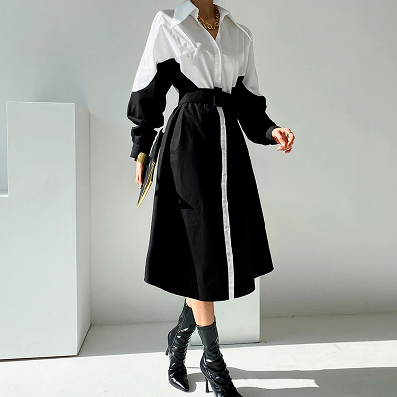 

Women Spring Autumn Elegant Patchwork Hit Color Dress Long Sleeve Casual Midi Shirt Dresses Wiht Belt Female Clothes
