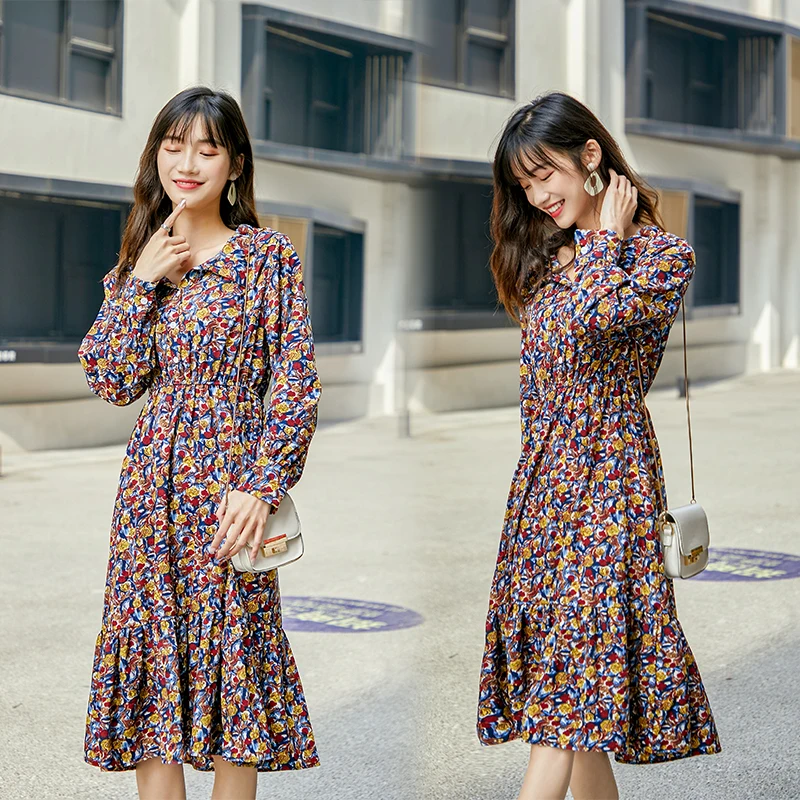 

Spring Summer 2021 Long Sleeve Boho Fairy Korean Retro Casual Party Vacation Runway Vestidos New Women Midi Floral Chiffon Dress