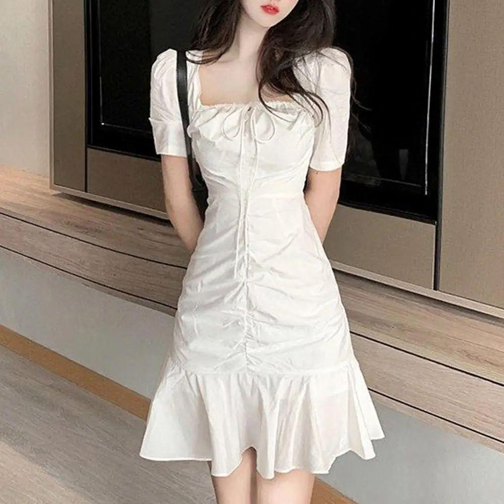 

Summer Women Dress Ruffled Hem Square Neck Polyester Short Sleeve White Streetwear for Date Elegant Clubwear Ladies Vestido 2021