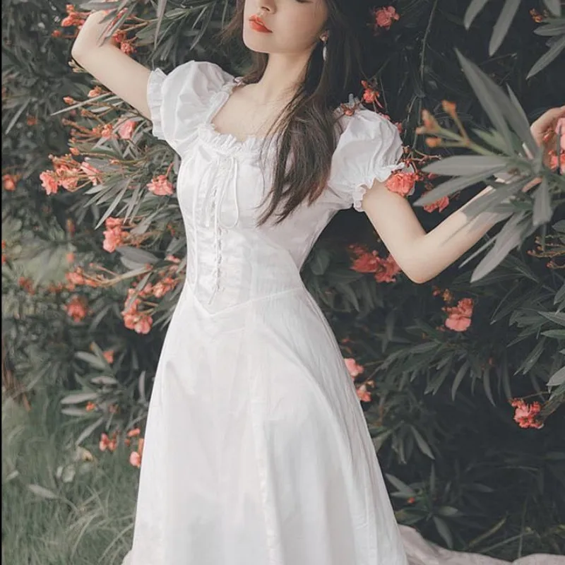

Женское шифоновое платье с пышными рукавами, элегантное белое винтажное платье в корейском и японском стиле ретро, лето 2021