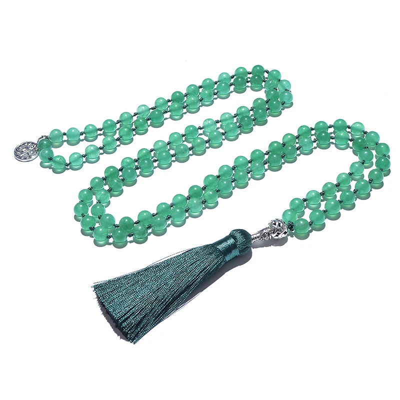 108 Count 8mm Green Aventurine Jade Beads Knotted Japa Mala Necklace Meditation Yoga Prayer Rosary for Men and Women Jewelry